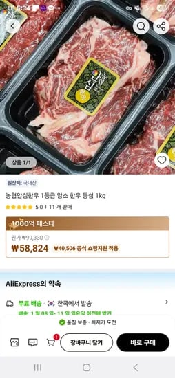 농협안심 한우 1등급 암소 등심 1kg