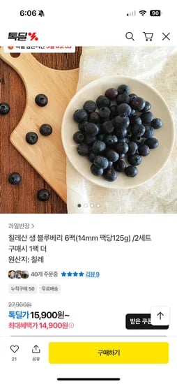 칠레산 생 블루베리 6팩 14mm 팩당 125g