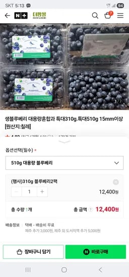 생블루베리 특과 15mm 이상 310g 2팩 620g