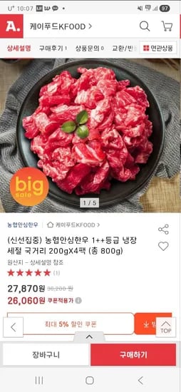 농협안심한우 세절 국거리 200gX4팩 26,060원 (1++등급)
