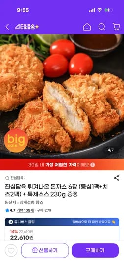 진심담육 튀겨나온 돈까스 6장 (등심1팩+치즈2팩) + 특제소스 증정19,900원