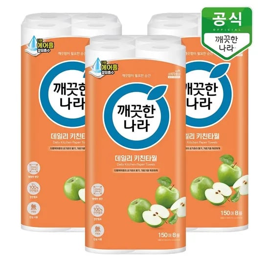 깨끗한나라 데일리 키친타올 150매 8롤x3팩 17,400원
