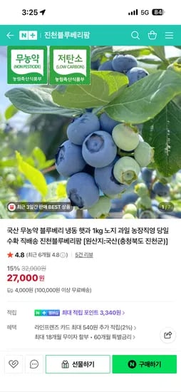 진천블루베리팜 국산 무농약 블루베리 냉동 1kg 27,000원 / 4,000원