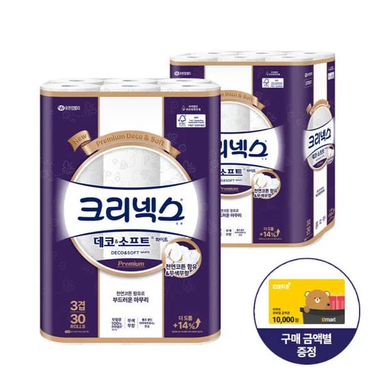 크리넥스 3겹 데코화이트 25M 60롤, 25950원 핫딜