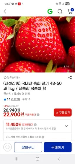 국내산 홍희 딸기 1kg 22,900원