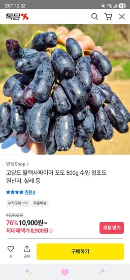 고당도 블랙사파이어 포도 500g 청포도 500g
