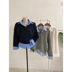 카라 셔츠 레이어드 버튼 울 니트 19,920원 무배