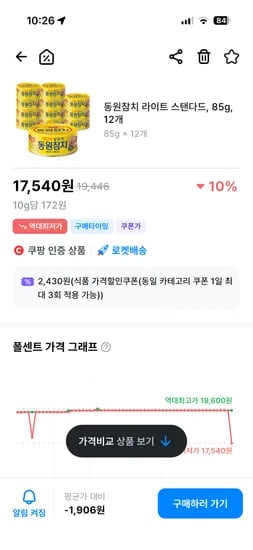동원참치 라이트 스탠다드 85g 12개 17,540원