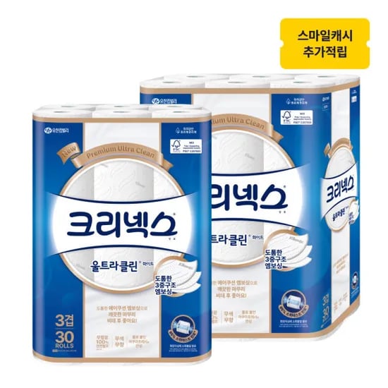 크리넥스 3겹 울트라클린 화이트 25MX30롤+30롤, 27,059원