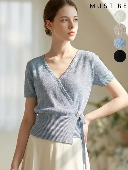 머스트비 여성 사선버튼 랩 브이넥 발팔니트 34,900원