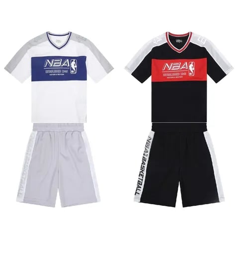 NBA키즈 컬러블록 폴리 메쉬 반소매 티셔츠 반바지 세트