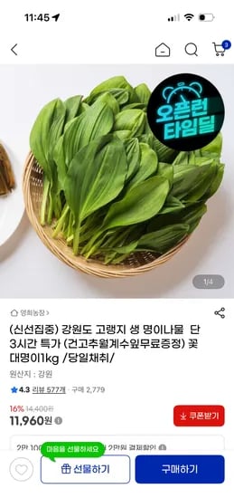 강원도 고랭지 생명이나물 1kg /11,960원 무배