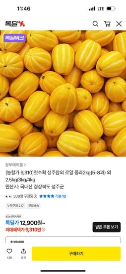 성주참외 로얄 중과2kg(5-8과) 9,310원 무배