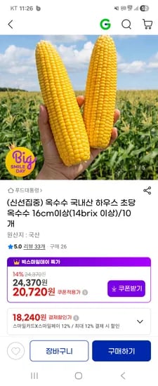 초당 옥수수 16cm 이상 14brix 이상 10개