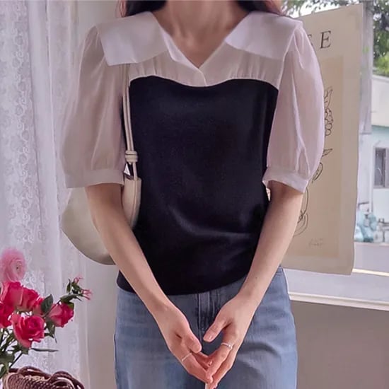 카라 쫀득스판배색 블라우스