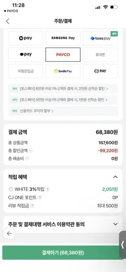 페이코 결제시 340gX20개 53,380원 1개당 2669원