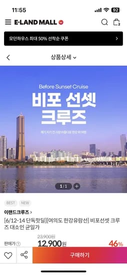여의도 한강유람선 비포선셋크루즈 균일가 12,900원
