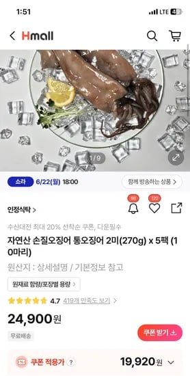 자연산 손질 통오징어 5팩 270g 2미
