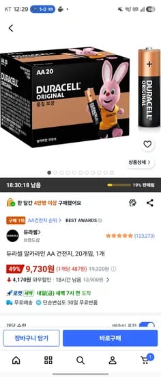 듀라셀 알카라인 AA 건전지 20개입 1개