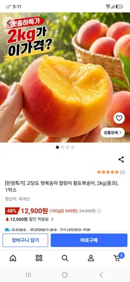 황도복숭아 2kg 중과 12,900원