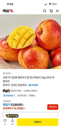 2026 옐로우드림 망고복숭아 2kg 20과