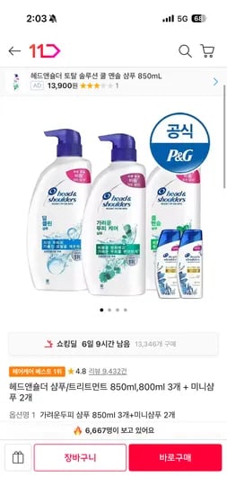 해드앤숄더 샴푸 850ml 3개 + 미니샴푸 2개 27,860원 무배