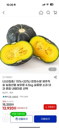 제주직송 농협선별 밤단호박 4.5kg
