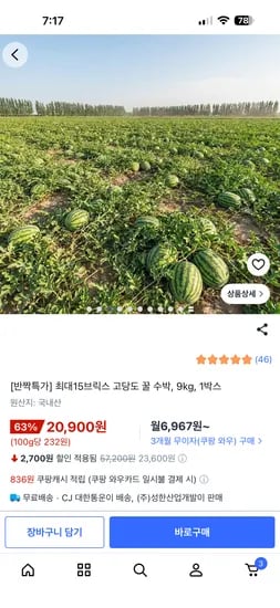 반짝특가 최대15브릭스 고당도 꿀 수박, 9kg, 1박스 17900원