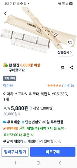 쿠팡 야마하 저먼식 리코더 YRS-23G 5,880원