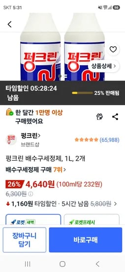 펑크린 배수구세정제, 1L, 2개 4640원