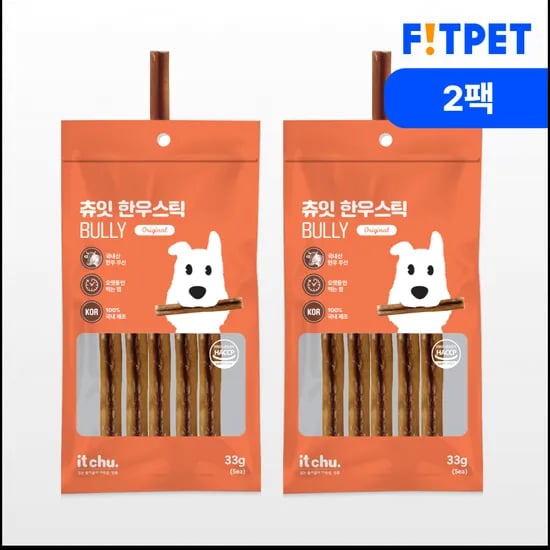 잇츄 츄잇 한우스틱 오래먹는 강아지 수제 간식 불리스틱 개껌 쇠고기, 33g, 2개
