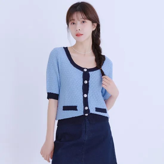 로엠 변형넥 배색 가디건 RMCKE25R18