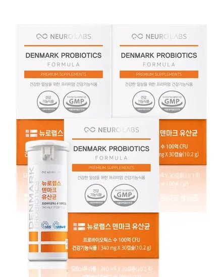 뉴로랩스 덴마크 유산균 LGG 프로바이오틱스 100억 유아블라 장 건강 30캡슐, 3개