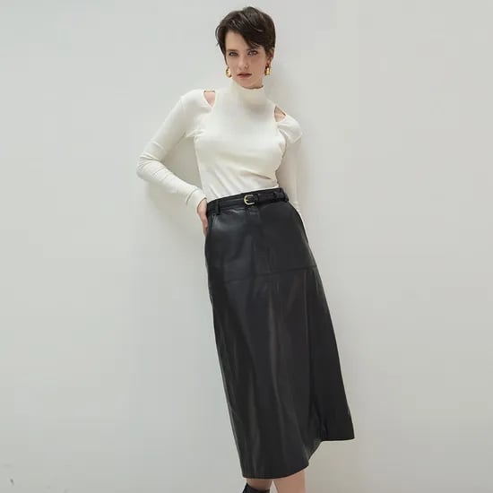 이태리 램스킨 백포켓 미디 스커트 SSK24C170