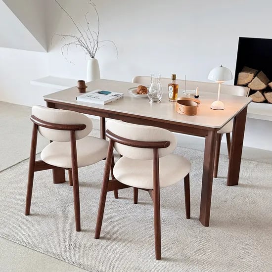 고디 세라믹식탁 세트 4인용 원목 식탁+의자2+벤치1, 1400mm, 브라운/양면세라믹