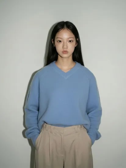 320쇼룸 라글런 V넥 루즈핏 니트 풀오버 스카이블루