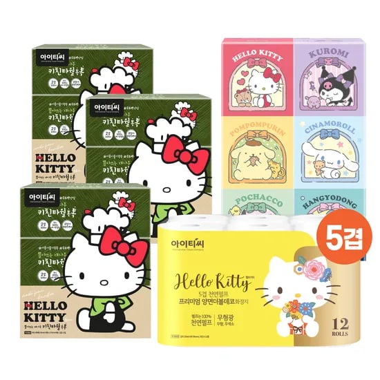 산리오캐릭터즈 선물세트(헬로키티 5겹 화장지+대나무 키친타올톡톡+미니티슈)