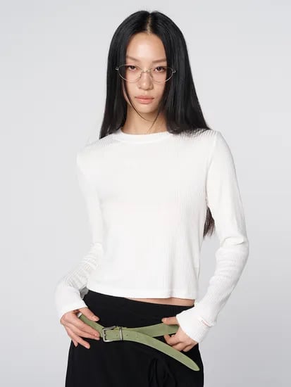 320쇼룸 텐셀 울 블렌드 소프트 골지 크롭 티셔츠 아이보리