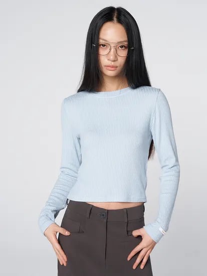 320쇼룸 텐셀 울 블렌드 소프트 골지 크롭 티셔츠 스카이블루