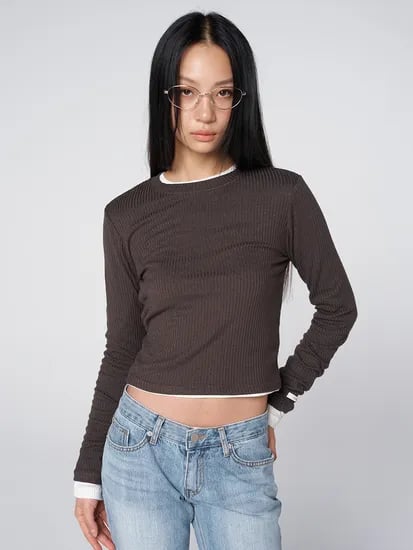 320쇼룸 텐셀 울 블렌드 소프트 골지 크롭 티셔츠 차콜