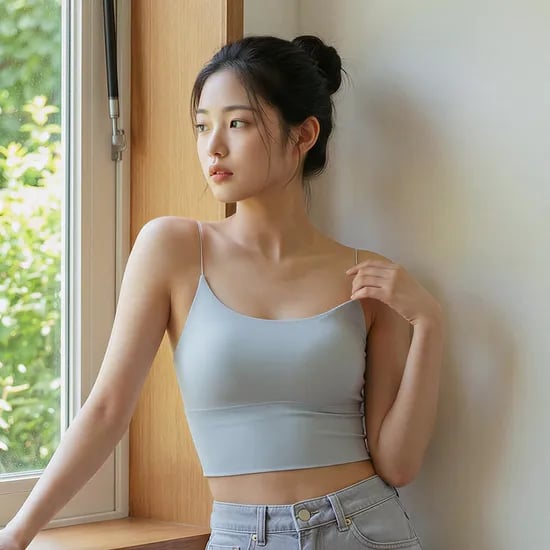 힙핑크 에버 캡 크롭 라운드넥 등파인 끈 나시탑 (일체형패드)