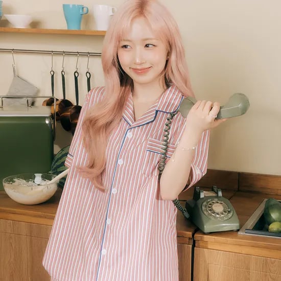 실크핏 피오니 반팔 카라 커플 잠옷 세트 여름 홈웨어