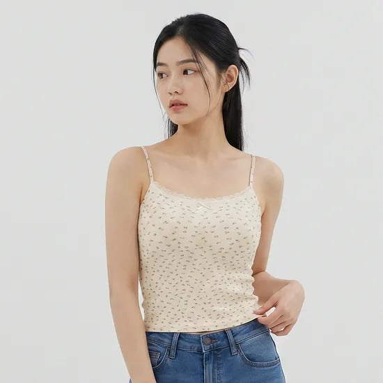 힙핑크 가든 볼륨캡 크롭 끈 나시탑 (일체형패드)