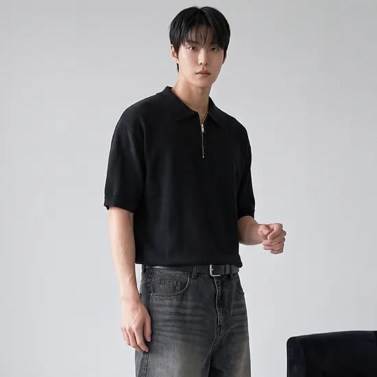 폴릭스 남자 모달 카라 반팔 니트 집업 여름 쿨링 니트티 FTK001