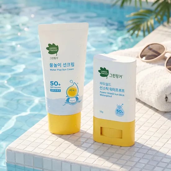 그린핑거 물놀이 선크림 50ml + 파워쉴드 선스틱 18g / SPF50+ PA++++ / 눈시림없는 선크림,  키즈선크림, 워터프루프, 유아, 어린이