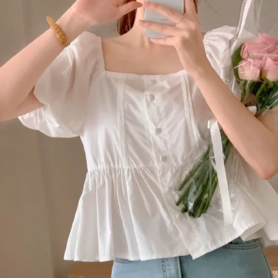 스퀘어넥 코튼 반팔 블라우스 bs7638
