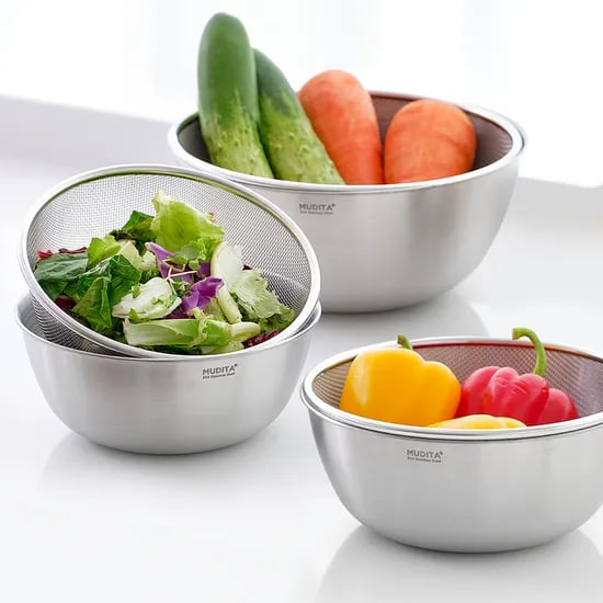 무디타 스텐 믹싱볼 & 채반 혼합 세트 (19cm 22cm 24cm) / 다용도 세척볼
