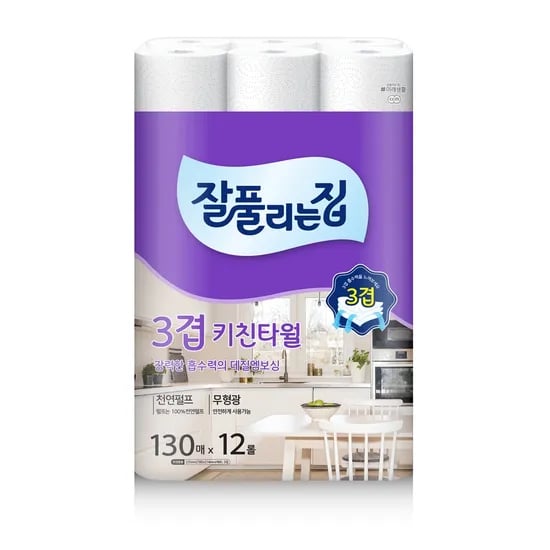 도톰한 3겹 키친타월 130매 x 12롤 x 1팩