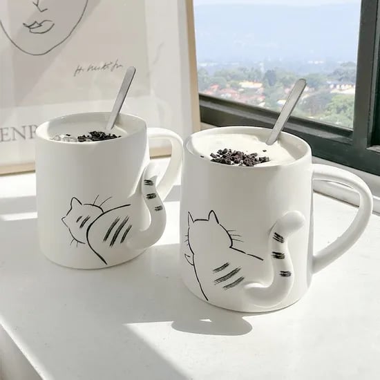 야옹 꼬리 머그컵 세트 2p 귀여운 소품 홈카페 고양이 집사 선물세트 세라믹 잔 커피잔