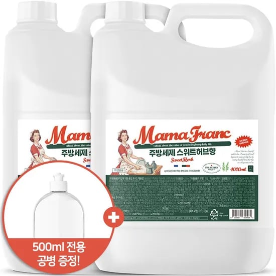 1+1 마마프랑 대용량 주방세제 스위트허브향 4L + 500ml 공병 증정 설거지 세정용